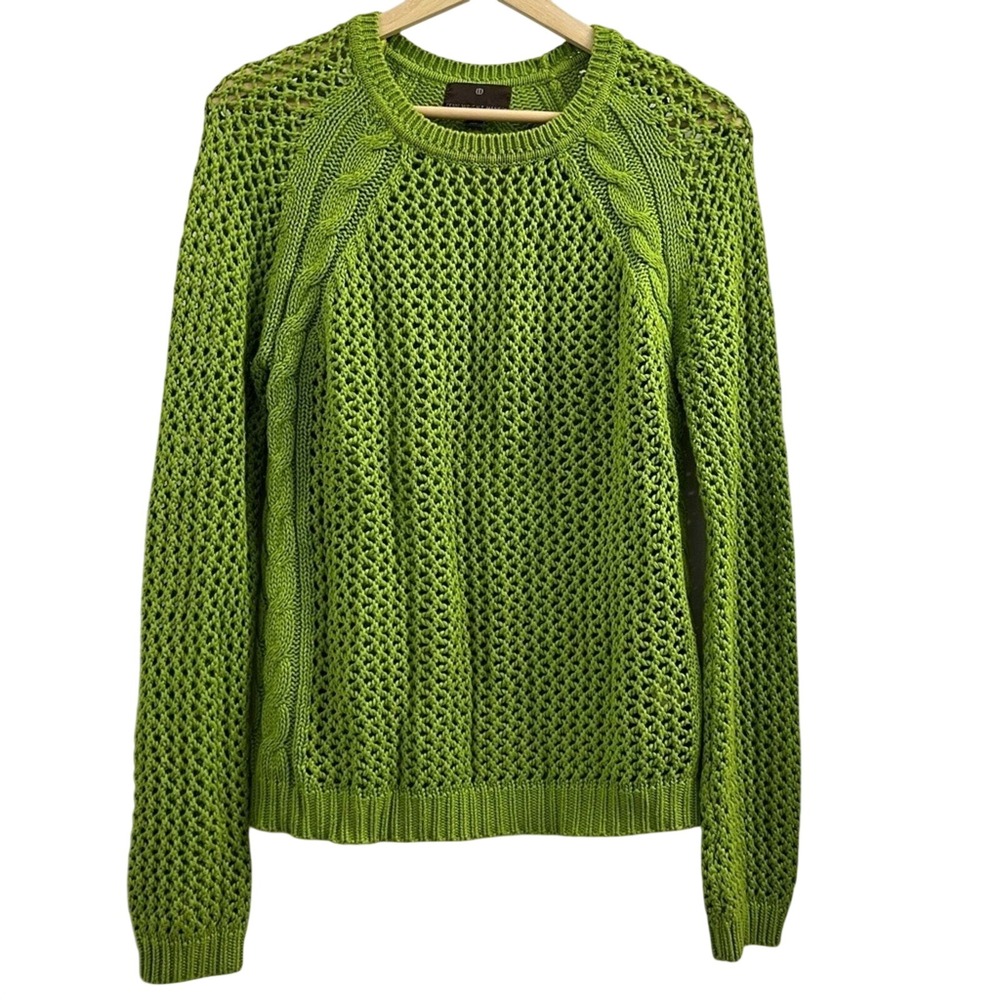 Fenn Wright Manson Large Lime Green Open Knit Cable Accent Pullover Sweater - Picture 2 of 5